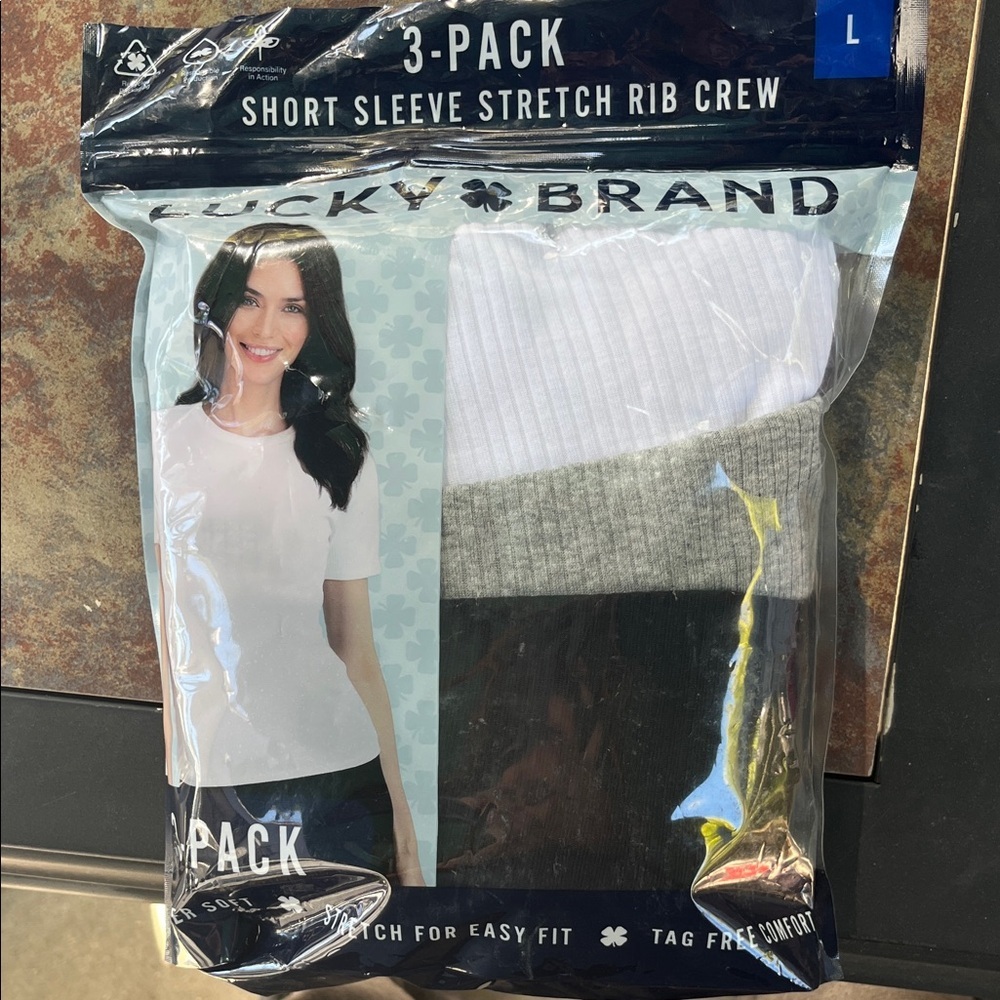 Lucky Brand Short Sleeve Rib Crew 3-Pack - White, Gray, Black Large
